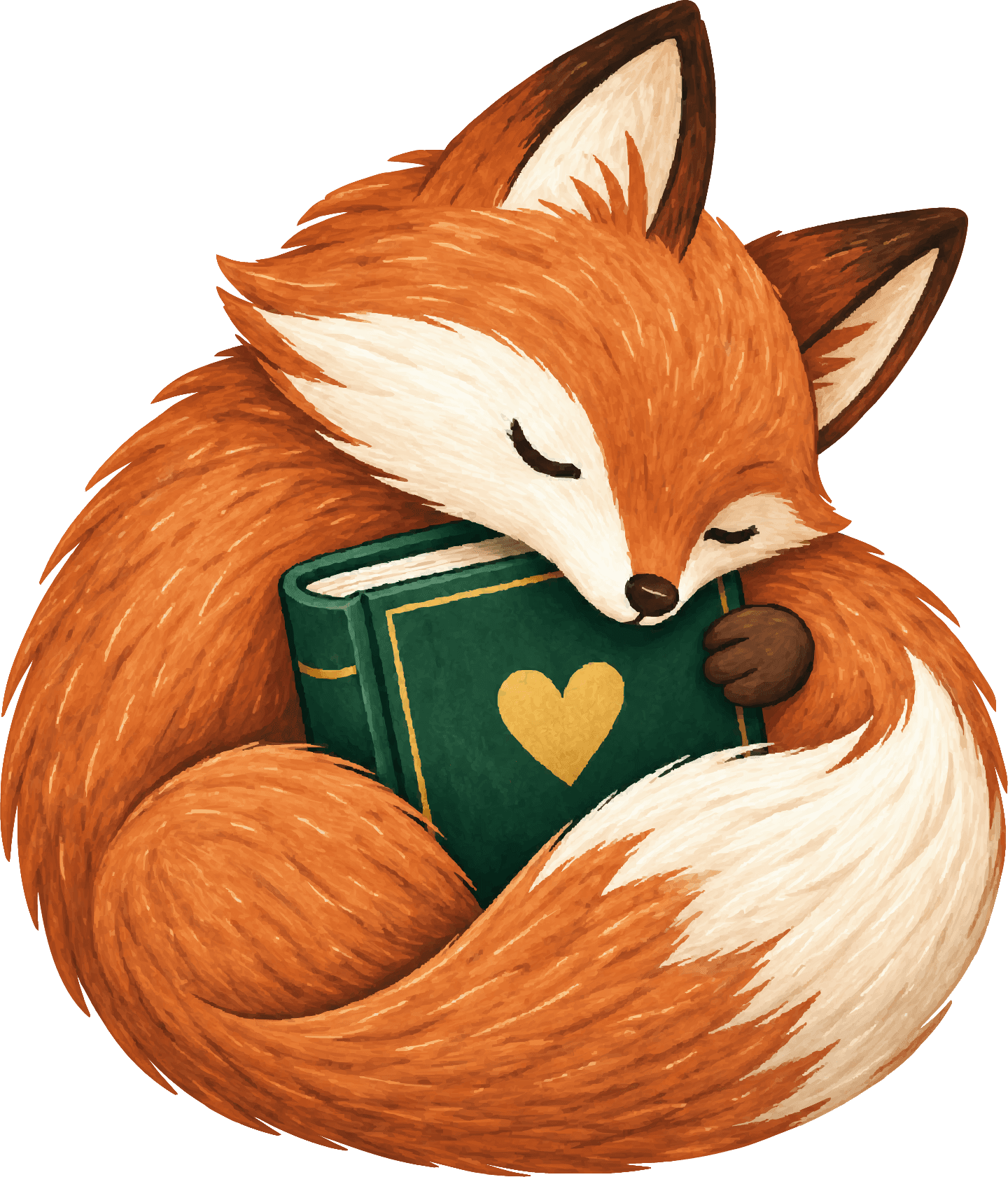 The Pages to Treasure fox, curled up and hugging a green book with a gold heart